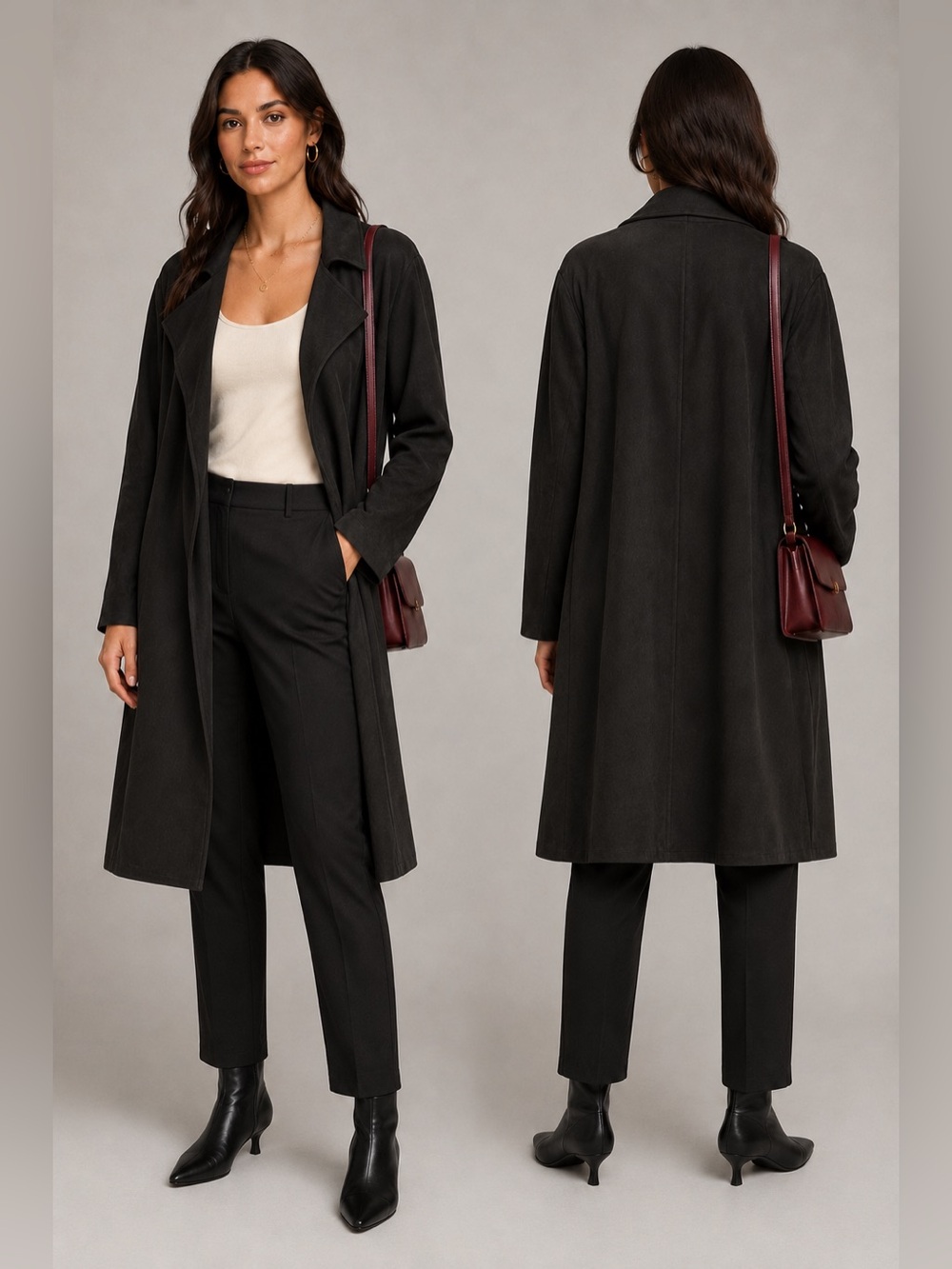 Zara Black Microfiber Suede Textured Long Jacket - Picture 1 of 9
